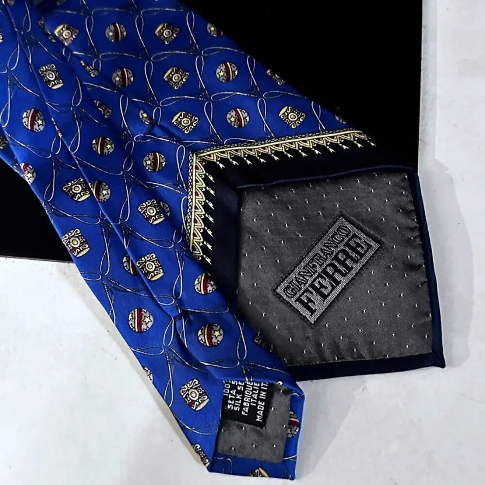 Gianfranco Ferre Silk Tie Blue Gold Red Baroque Filagree Rococo Balls Luxury Man